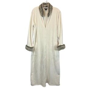 Natori Women's Faux Fur Trimmed Cozy Plush Kaftan Long Rob Size L Ivory Luxury